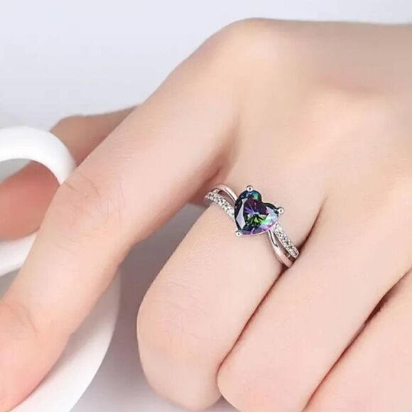 Love Heart Shaped Ring Rainbow Zircon Size 8 - Picture 6 of 6